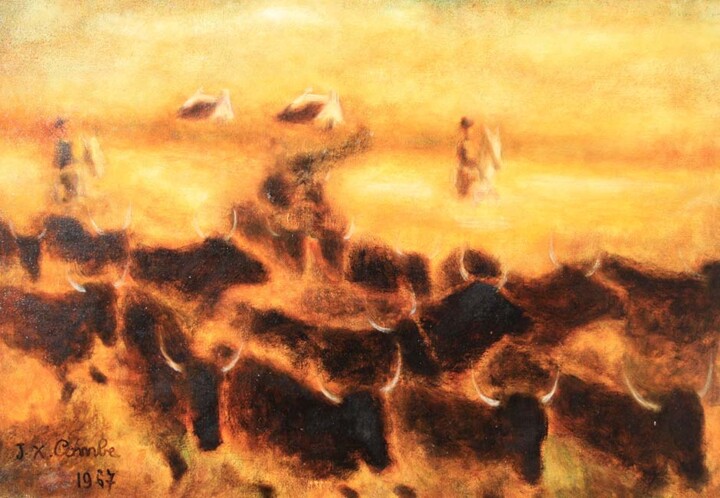 Pittura intitolato ""Abrivado"" da Jean Xavier Combe, Opera d'arte originale, Olio Montato su Telaio per barella in legno