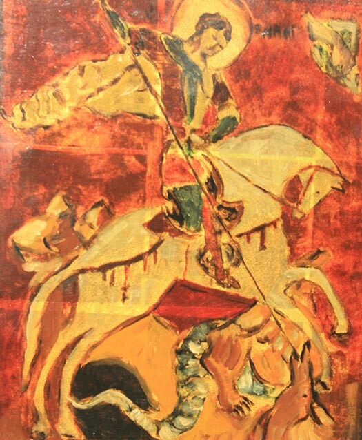 Peinture intitulée "St Georges et le Dr…" par Jean Xavier Combe, Œuvre d'art originale, Huile Monté sur Panneau de bois