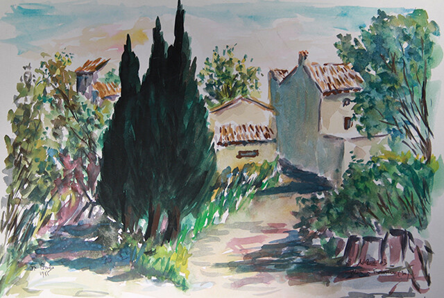 Painting titled ""Mas à Fournes"" by Jean Xavier Combe, Original Artwork, Watercolor