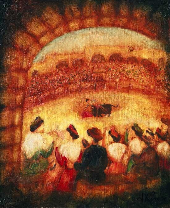 Painting titled "Muleta aux arènes" by Jean Xavier Combe, Original Artwork, Oil Mounted on Wood Stretcher frame