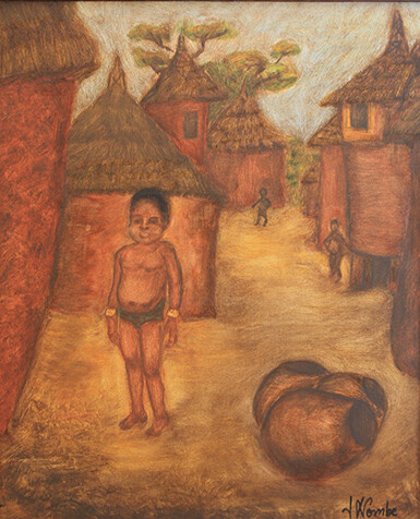 Painting titled "Enfants du village." by Jean Xavier Combe, Original Artwork, Oil Mounted on Wood Stretcher frame