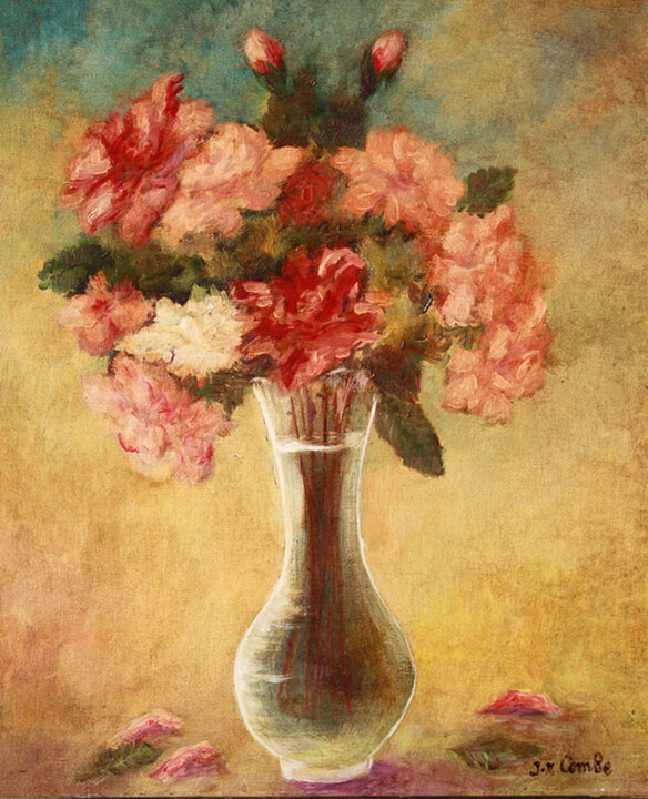 Painting titled "Roses III." by Jean Xavier Combe, Original Artwork, Oil Mounted on Wood Stretcher frame
