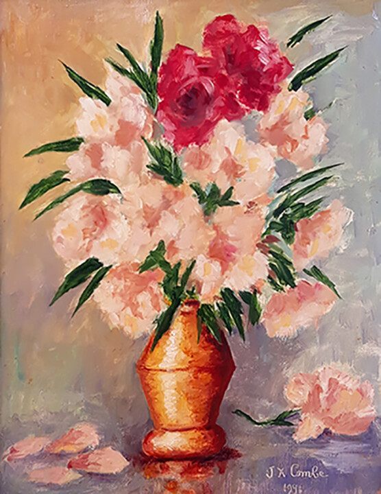 Painting titled "Pivoines." by Jean Xavier Combe, Original Artwork, Oil Mounted on Wood Stretcher frame