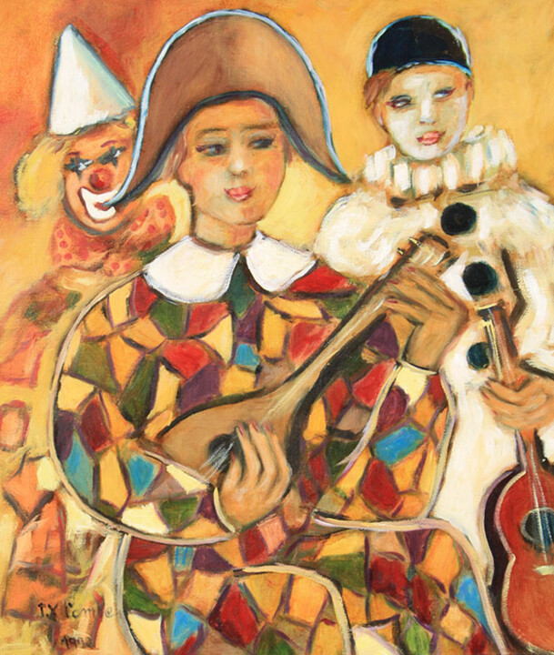 Painting titled "Clowns musiciens" by Jean Xavier Combe, Original Artwork, Oil Mounted on Wood Stretcher frame