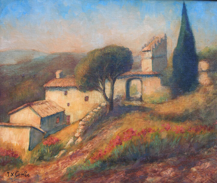 Painting titled "Mas près d'Uzès." by Jean Xavier Combe, Original Artwork, Oil Mounted on Wood Stretcher frame