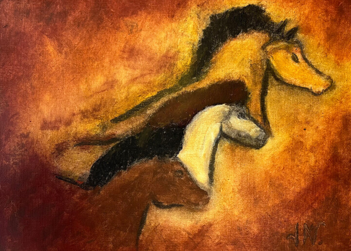绘画 标题为“Têtes de chevaux.” 由Jean Xavier Combe, 原创艺术品, 油