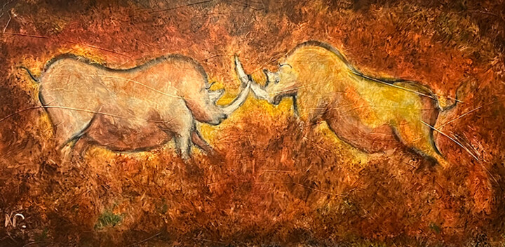 Peinture intitulée "Combat de rhinocéro…" par Jean Xavier Combe, Œuvre d'art originale, Huile Monté sur Châssis en bois