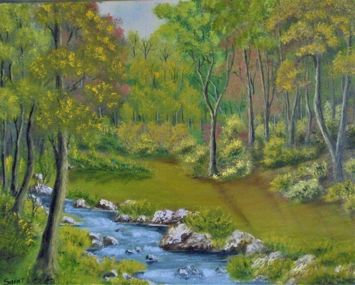 Peinture intitulée "l'abreuvoir boisé" par Jean-Yves Saint Lezer, Œuvre d'art originale, Huile