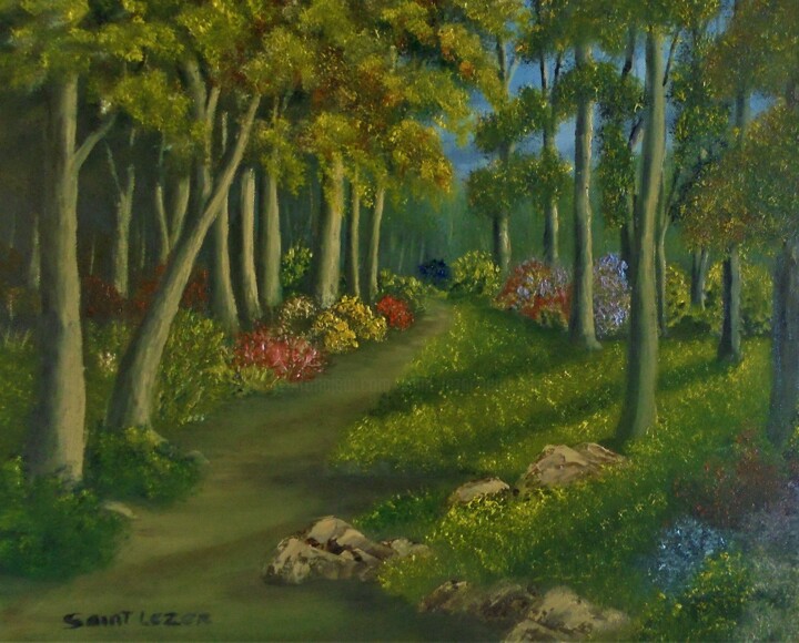 Painting titled "le chemin boisé" by Jean-Yves Saint Lezer, Original Artwork, Oil