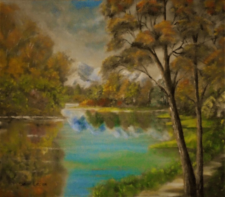 Painting titled "au bord de l'etang." by Jean-Yves Saint Lezer, Original Artwork, Oil