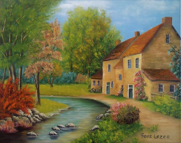 Pittura intitolato "la ferme au bord de…" da Jean-Yves Saint Lezer, Opera d'arte originale, Olio