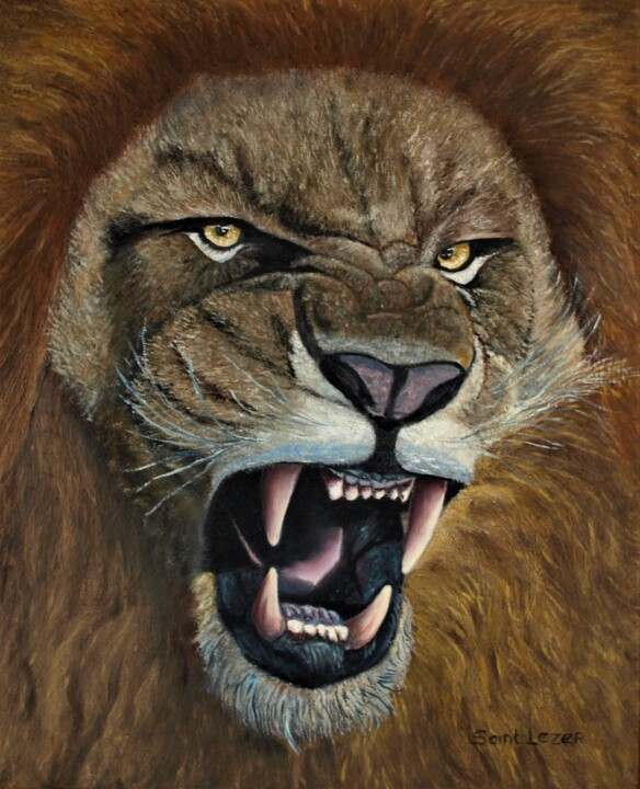 Malerei mit dem Titel "le lion rugissant" von Jean-Yves Saint Lezer, Original-Kunstwerk, Öl