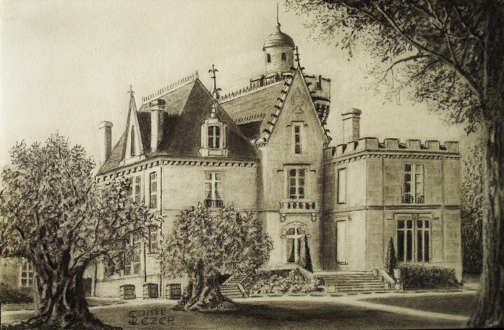 Dessin intitulée "Château Pape Clément" par Jean-Yves Saint Lezer, Œuvre d'art originale, Crayon