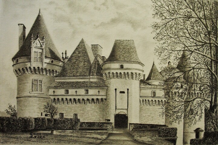 Tekening getiteld "Château de BANNES" door Jean-Yves Saint Lezer, Origineel Kunstwerk, Potlood