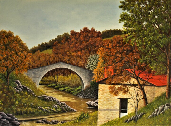 Pittura intitolato "Le vieux pont" da Jean-Yves Saint Lezer, Opera d'arte originale, Olio