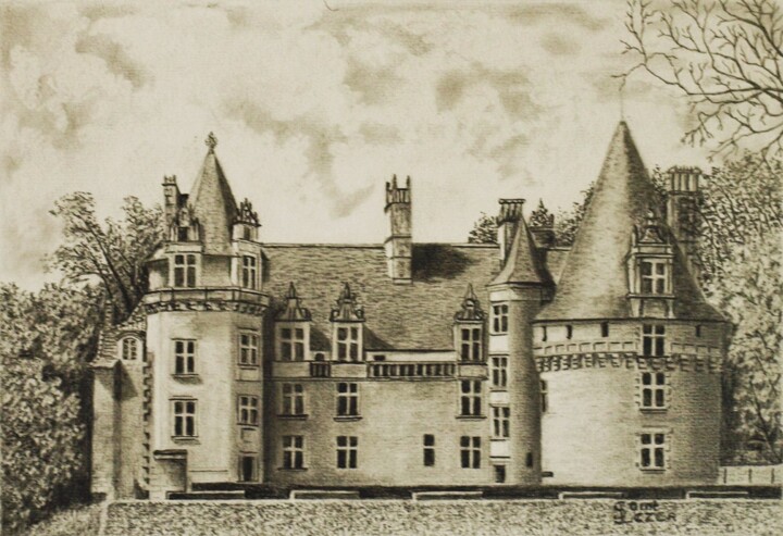 Disegno intitolato "Château PUYGUILHEM" da Jean-Yves Saint Lezer, Opera d'arte originale, Matita
