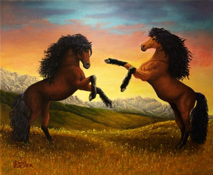 Painting titled "Duel de chevaux" by Jean-Yves Saint Lezer, Original Artwork, Oil Mounted on Wood Stretcher frame