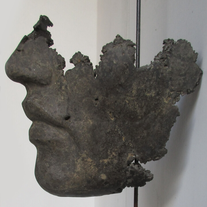 Escultura titulada "masque mural .fragm…" por Jean-Yves Verne, Obra de arte original, Cemento Montado en Metal