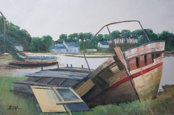 Peinture intitulée "Epave sur la rivier…" par Jean Calmon, Œuvre d'art originale, Huile Monté sur Châssis en bois