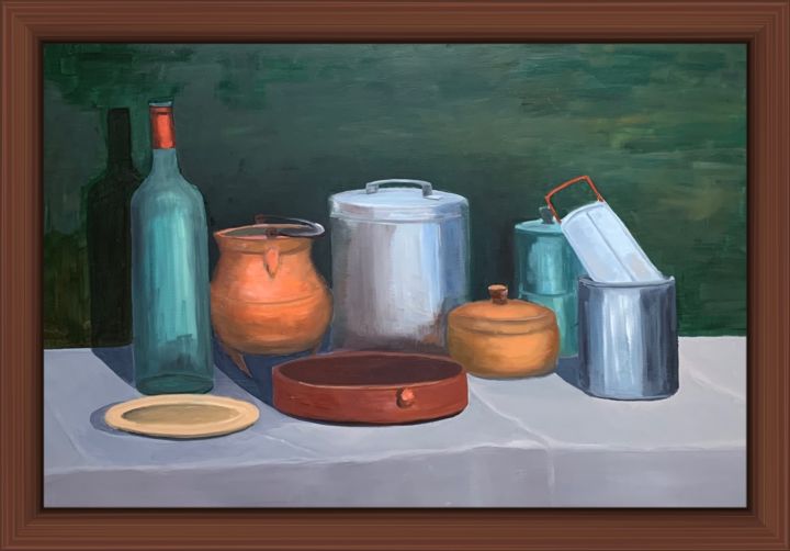 Painting titled "Pots Bouteille et p…" by Jean Calmon, Original Artwork, Oil Mounted on Wood Stretcher frame
