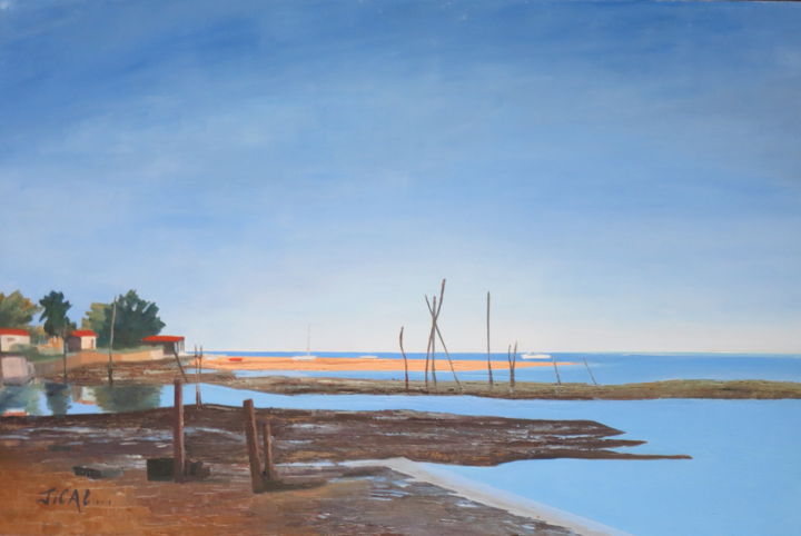 Painting titled "Arcachon - pointe d…" by Jean Calmon, Original Artwork, Oil Mounted on Wood Stretcher frame