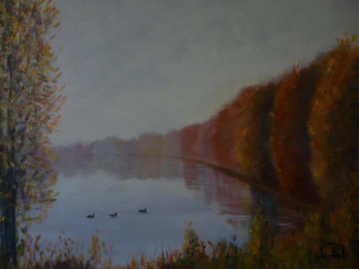 Painting titled "Matin d'automne sur…" by Jean-Claude Plet, Original Artwork, Acrylic Mounted on Wood Stretcher frame