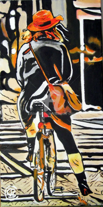 Painting titled "vélo-en-ville- n°33…" by Jc C-S ' Art, Original Artwork, Oil Mounted on Wood Stretcher frame