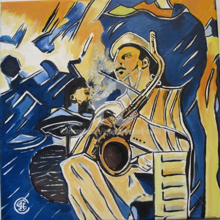 Painting titled "LA PAUSE SAXO an 21" by Jc C-S ' Art, Original Artwork, Oil Mounted on Wood Stretcher frame