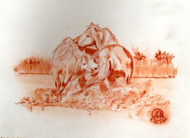 Drawing titled "Combat en Camargue" by Jean Claude Ciutad-Savary, Original Artwork, Other