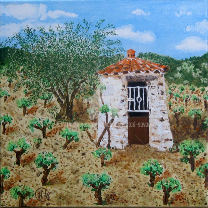 Painting titled "PUITS ET VIGNES" by Jean Claude Ciutad-Savary, Original Artwork, Oil Mounted on Wood Stretcher frame