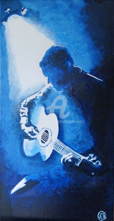Painting titled "BLEU GUITARE n°305…" by Jean Claude Ciutad-Savary, Original Artwork, Oil Mounted on Wood Stretcher frame