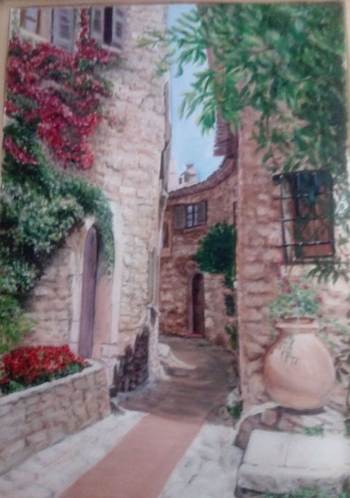 Painting titled "Ruelle ombragée" by Jeanine Adell, Original Artwork, Oil