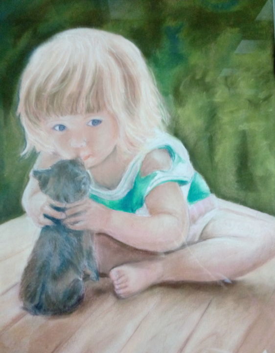 Drawing titled "Un petit calin" by Jeanine Adell, Original Artwork, Pastel