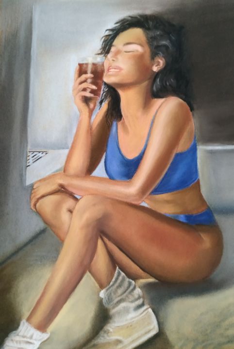 Dessin intitulée "Détente rafraîchiss…" par Jeanine Adell, Œuvre d'art originale, Pastel