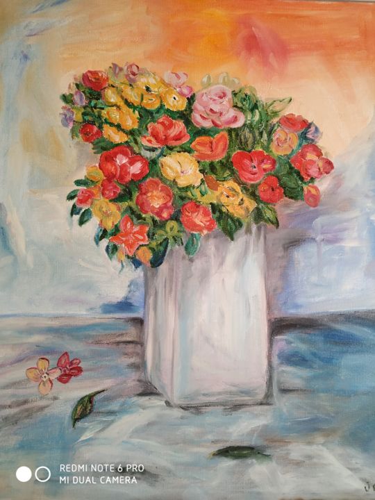 Pintura intitulada "Fleurs papillon" por Jeanine Adell, Obras de arte originais, Óleo