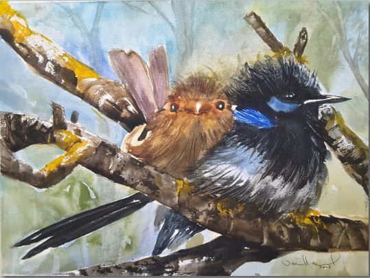 Painting titled "20161209-oiseaux-bl…" by Jeanine Van Hoecke, Original Artwork, Watercolor
