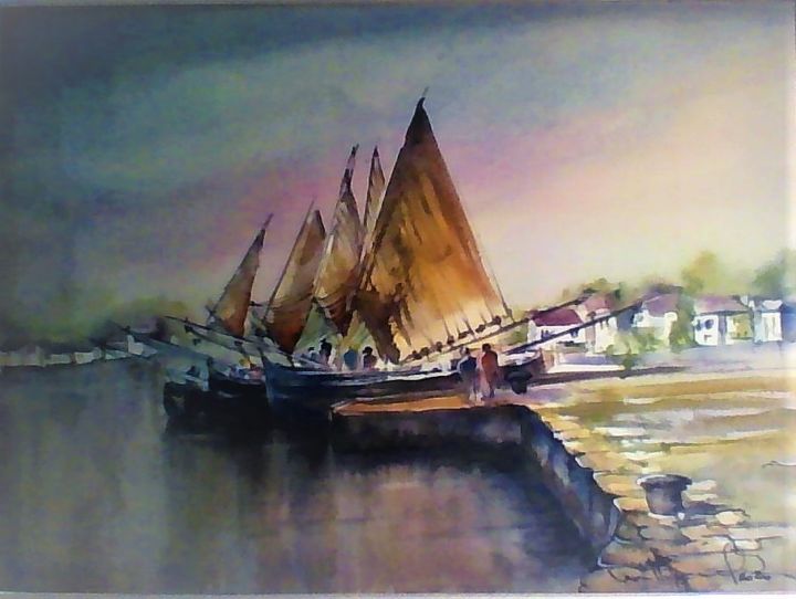 Peinture intitulée "Marine port" par Jeanine Van Hoecke, Œuvre d'art originale, Aquarelle