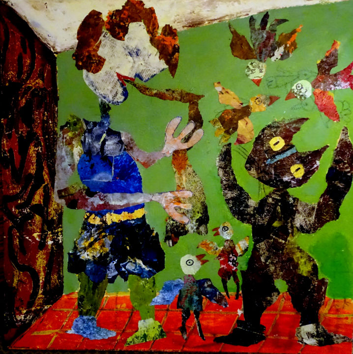 Ζωγραφική με τίτλο "rêve du chat botté…" από Salvadori, Αυθεντικά έργα τέχνης