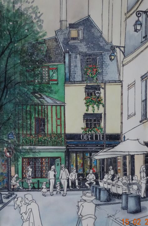 Ζωγραφική με τίτλο "rue Galande Paris" από Jean-Marc Moisy, Αυθεντικά έργα τέχνης, Ακουαρέλα