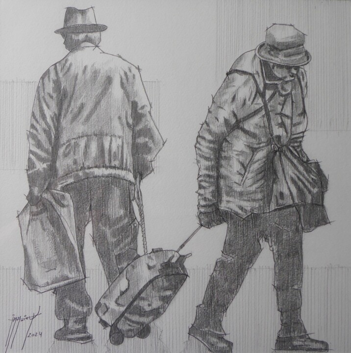 Painting titled "Retour du marché" by Jean-Marc Moisy, Original Artwork, Pencil Mounted on Cardboard