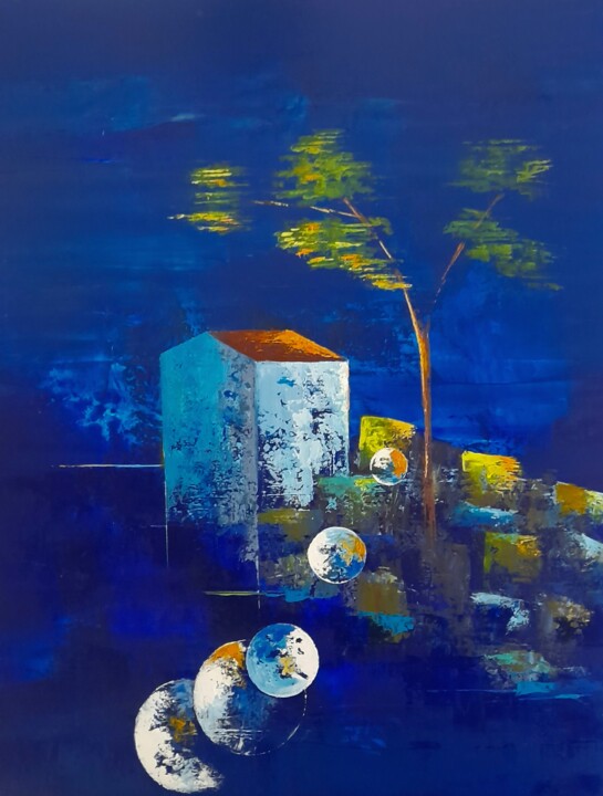 Peinture intitulée "La maison bleue" par Jean Maurice Silvain, Œuvre d'art originale, Huile