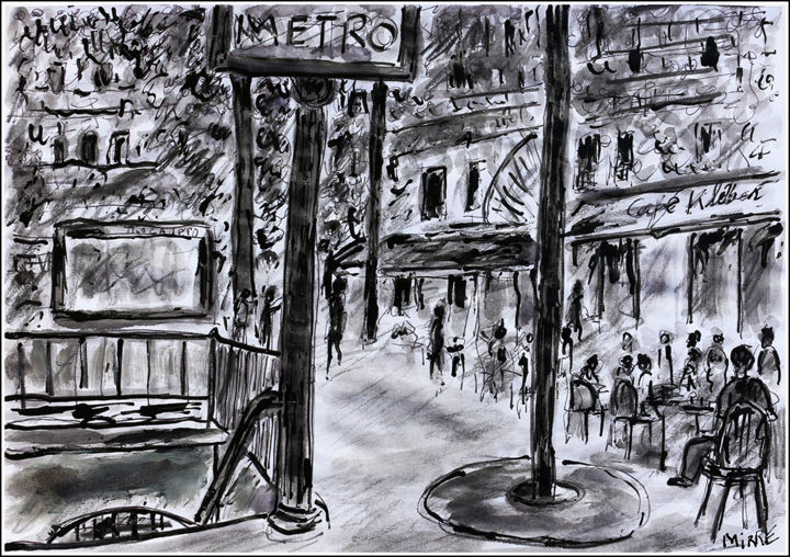 Painting titled "CAFE KLEBER  TROCAD…" by Jean Mirre, Original Artwork, Ink