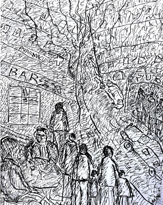 Peinture intitulée "PHARMACIE BAR sold" par Jean Mirre, Œuvre d'art originale, Encre