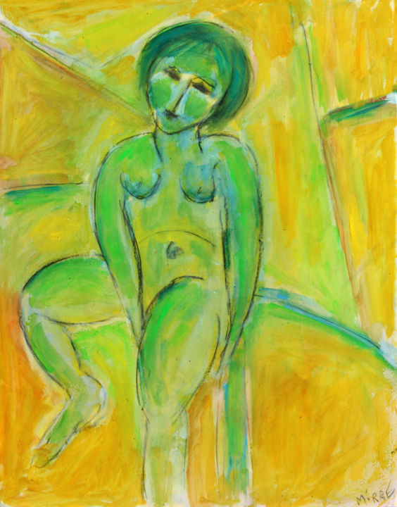 Painting titled "Nu vert et jaune" by Jean Mirre, Original Artwork, Oil