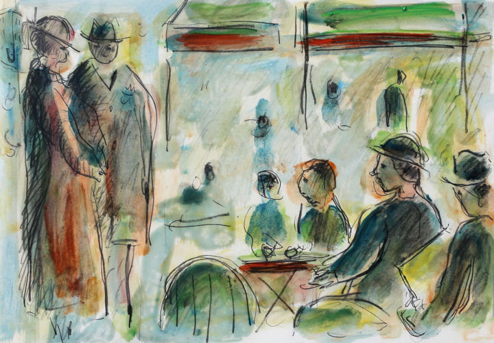 Schilderij getiteld "Café parisien" door Jean Mirre, Origineel Kunstwerk, Olie
