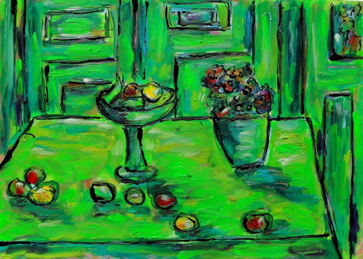 Malerei mit dem Titel "TABLE VERTE" von Jean Mirre, Original-Kunstwerk, Öl