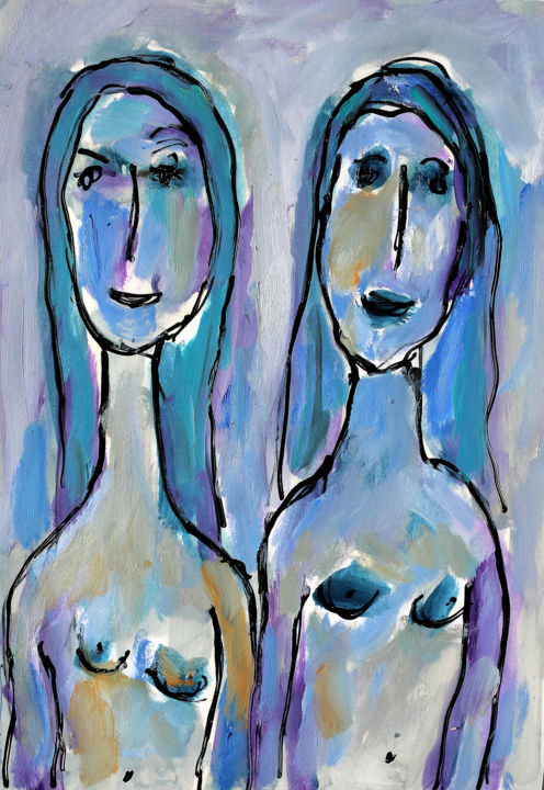 Painting titled "TURQUOISE GIRLS" by Jean Mirre, Original Artwork, Oil