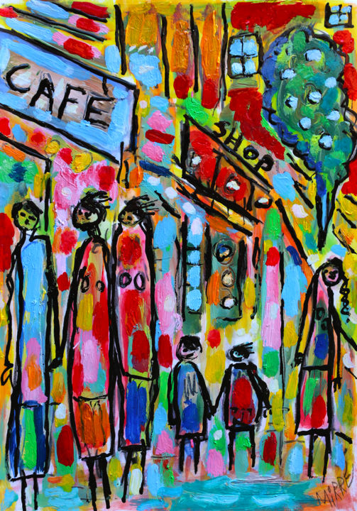 Pintura titulada "Café naïf" por Jean Mirre, Obra de arte original, Oleo