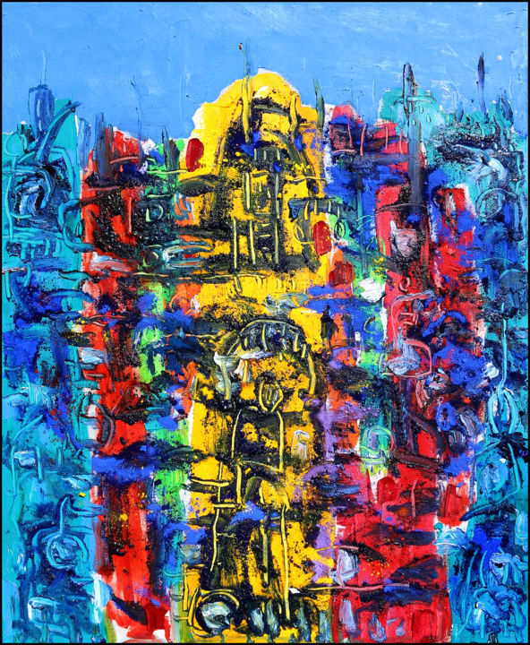 Painting titled "VILLE1" by Jean Mirre, Original Artwork, Oil Mounted on Wood Stretcher frame