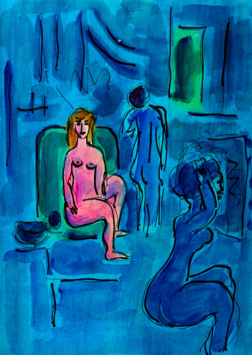 Painting titled "INTERIEUR ET FEMMES" by Jean Mirre, Original Artwork, Oil